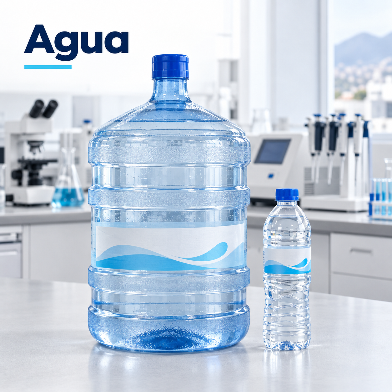 Agua: botellón y botella comercial en un laboratorio de análisis.