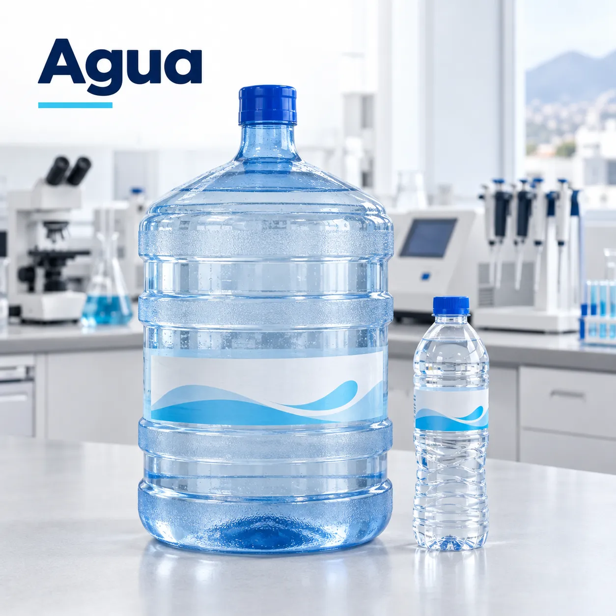 Agua: botellón y botella comercial en un laboratorio de análisis.